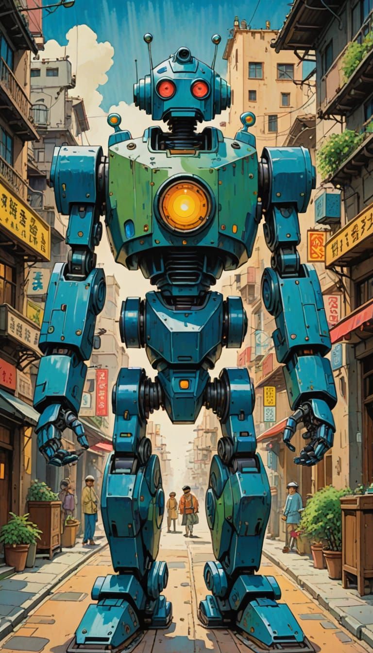 Robot Poster in Gouache Impressionist Style