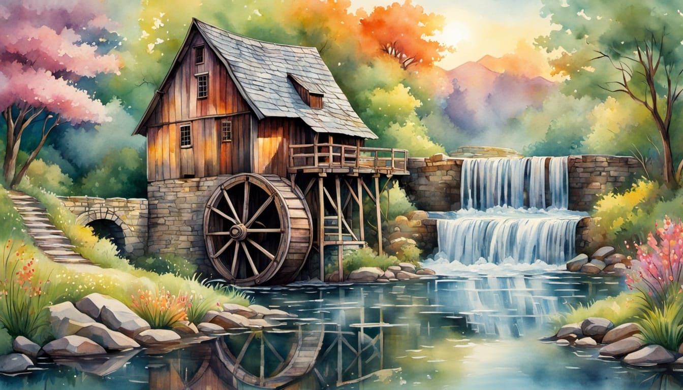 Whimsical Watermill Awakens in Vibrant Spring