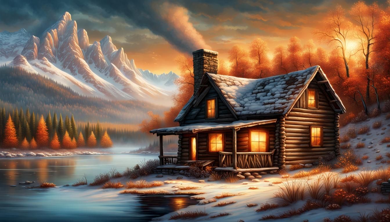 Winter Cabin with Bear, Terry Redlin Style