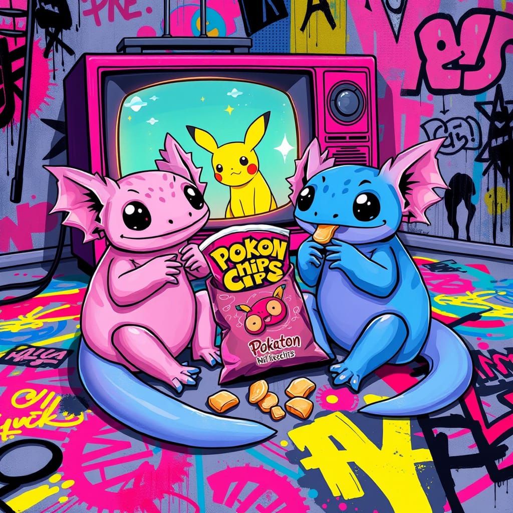 Axolotls Enjoy a Cozy Night In with Chips and Pokémon