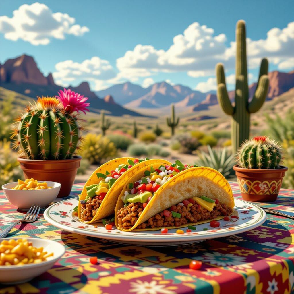 Photorealistic Tacos with Cactus in Mexican Countryside