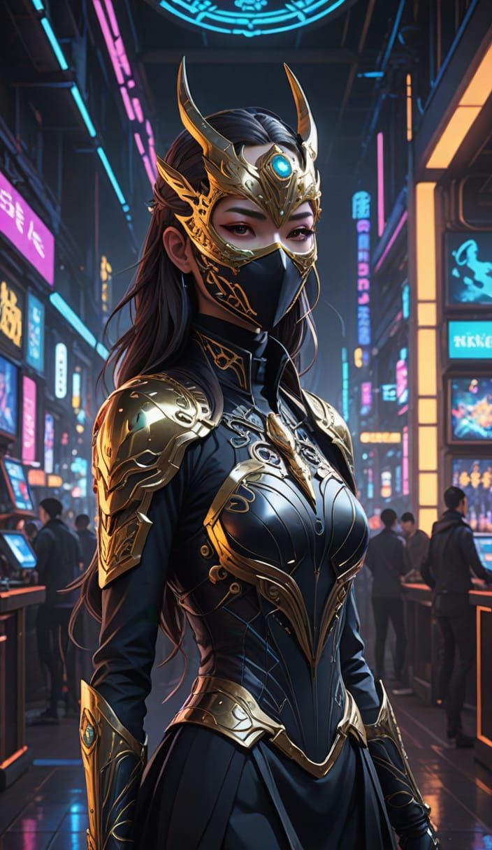 Cyberpunk Latina Assassin in Opulent Masquerade Gown