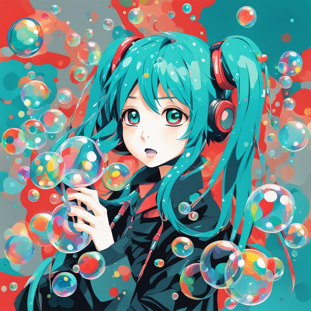 Hatsune Miku Blowing Bubbles in Abstract Art