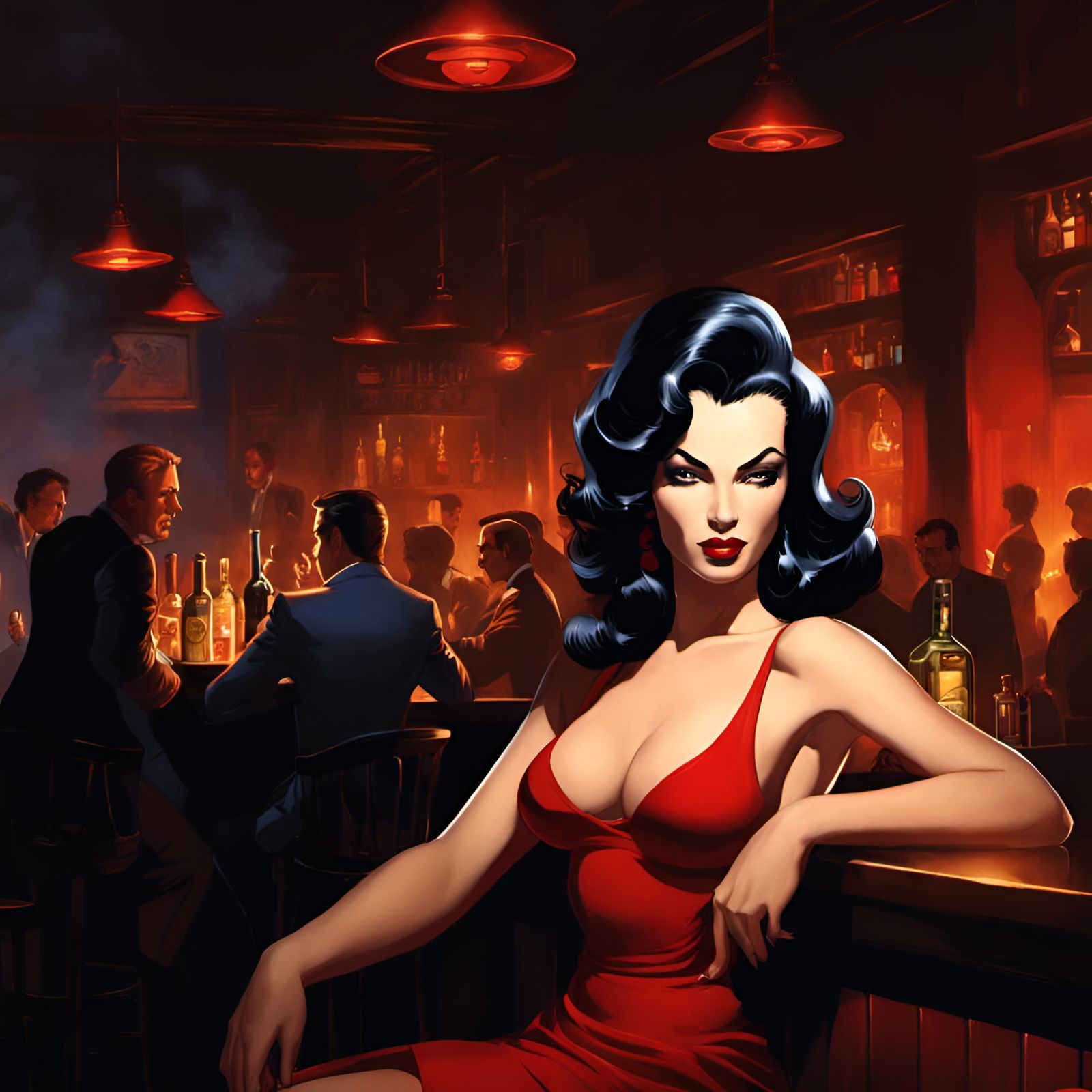 Femme Fatale in Smoky Bar: Noir Pinup Style