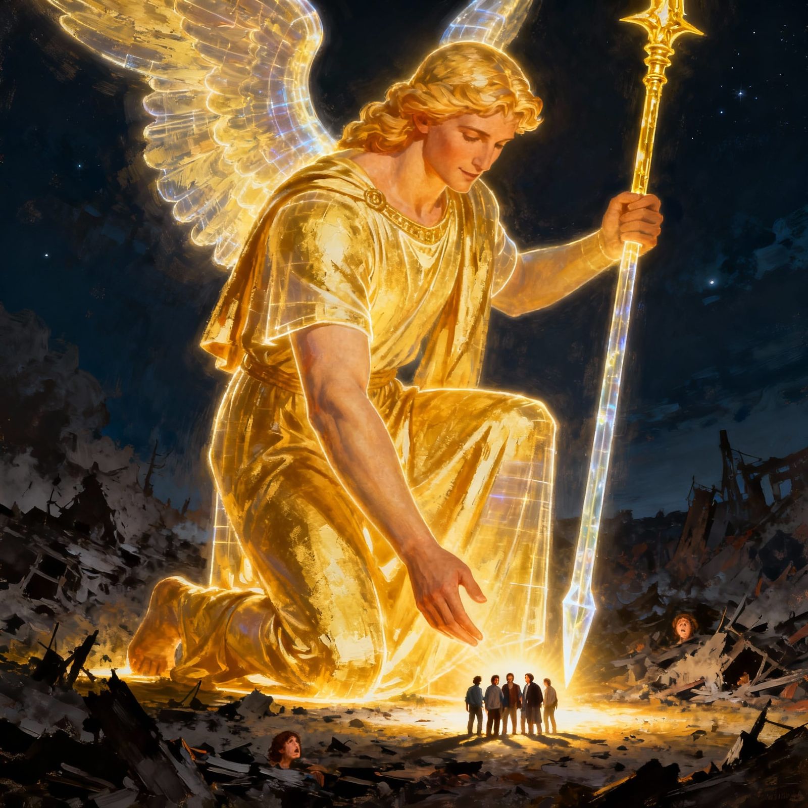 Gigantic Angel Hologram of Golden Light Kneels in Ashy Lands...