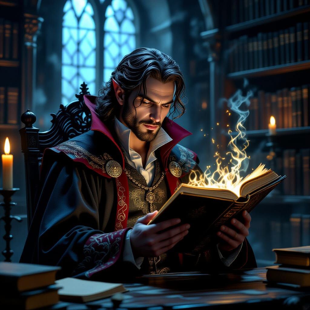 Vampire Reading Ancient Tome in Gothic Library