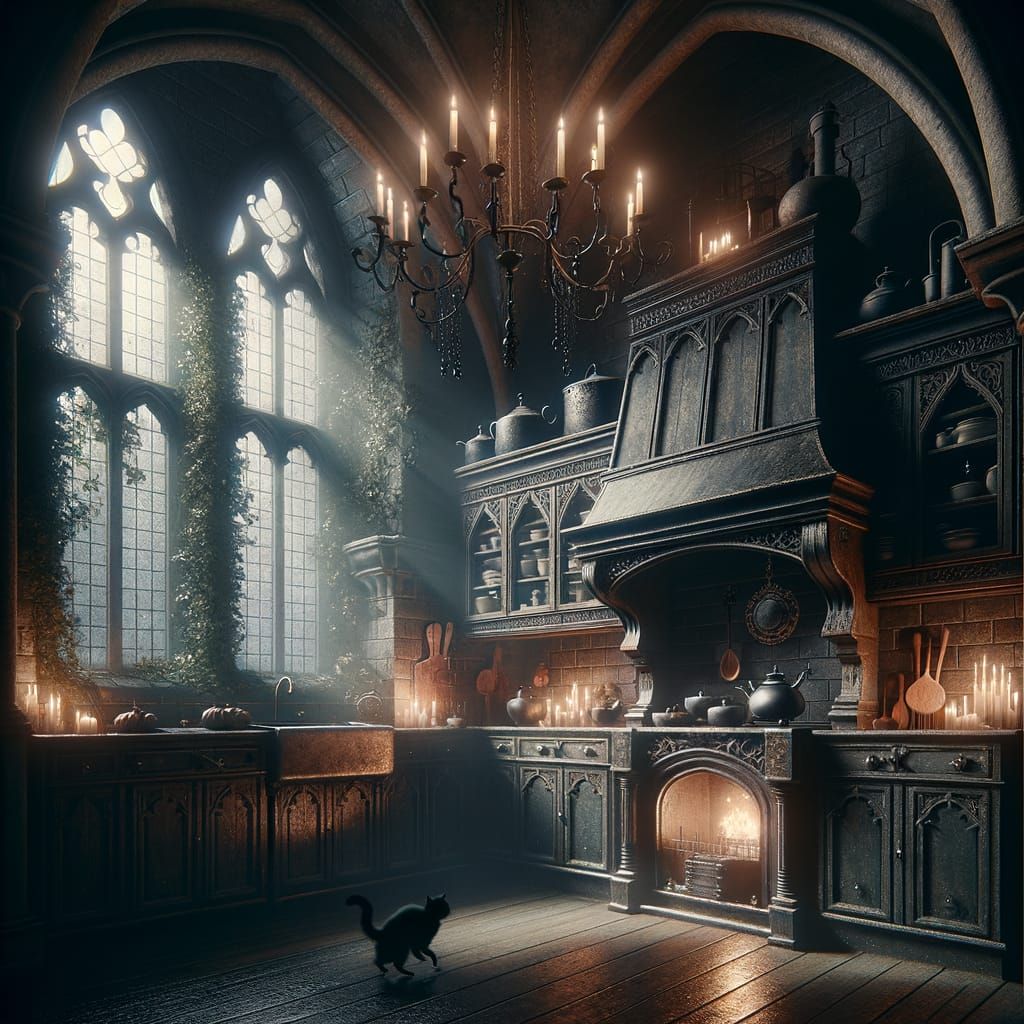 Gothic Kitchen Scene with Flickering Candlelight