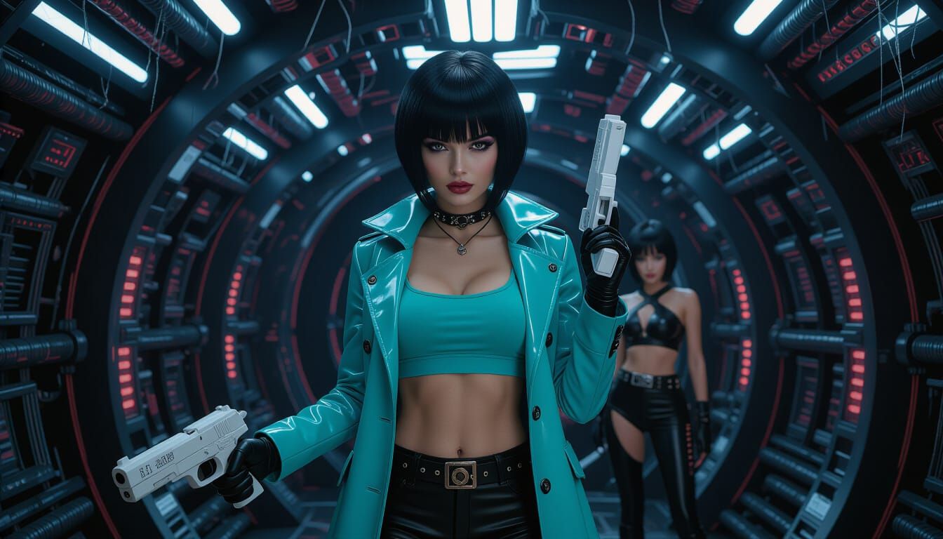 Biomechanical Pirate in Gloomy Sci-Fi Starship Hall