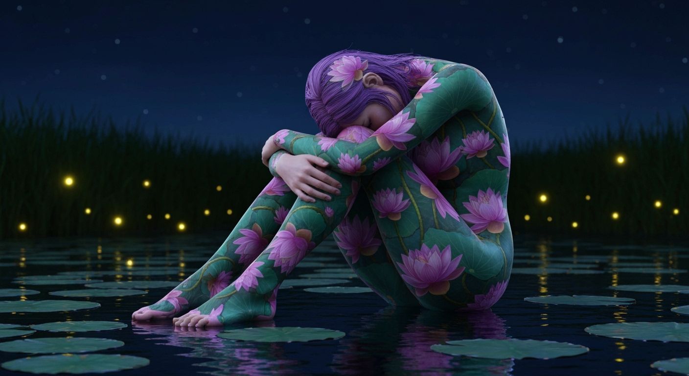 Lotus Woman at Night in Wet-on-Wet Style