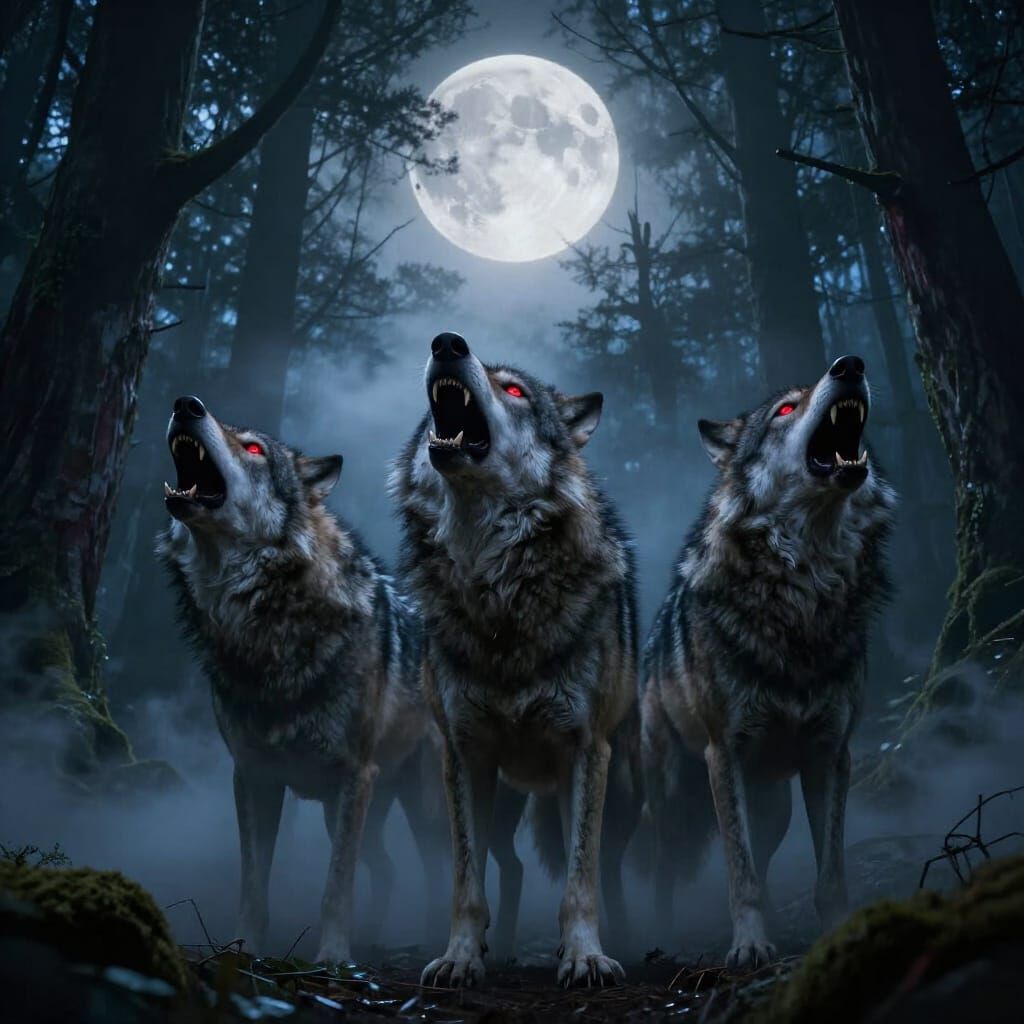 Monstrous Wolves Howling in Enchanted Forest