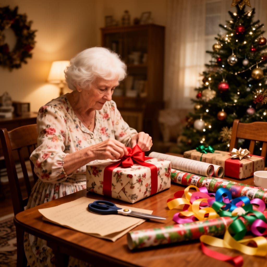 Grandma Wrapping Christmas Presents with Festive Cheer