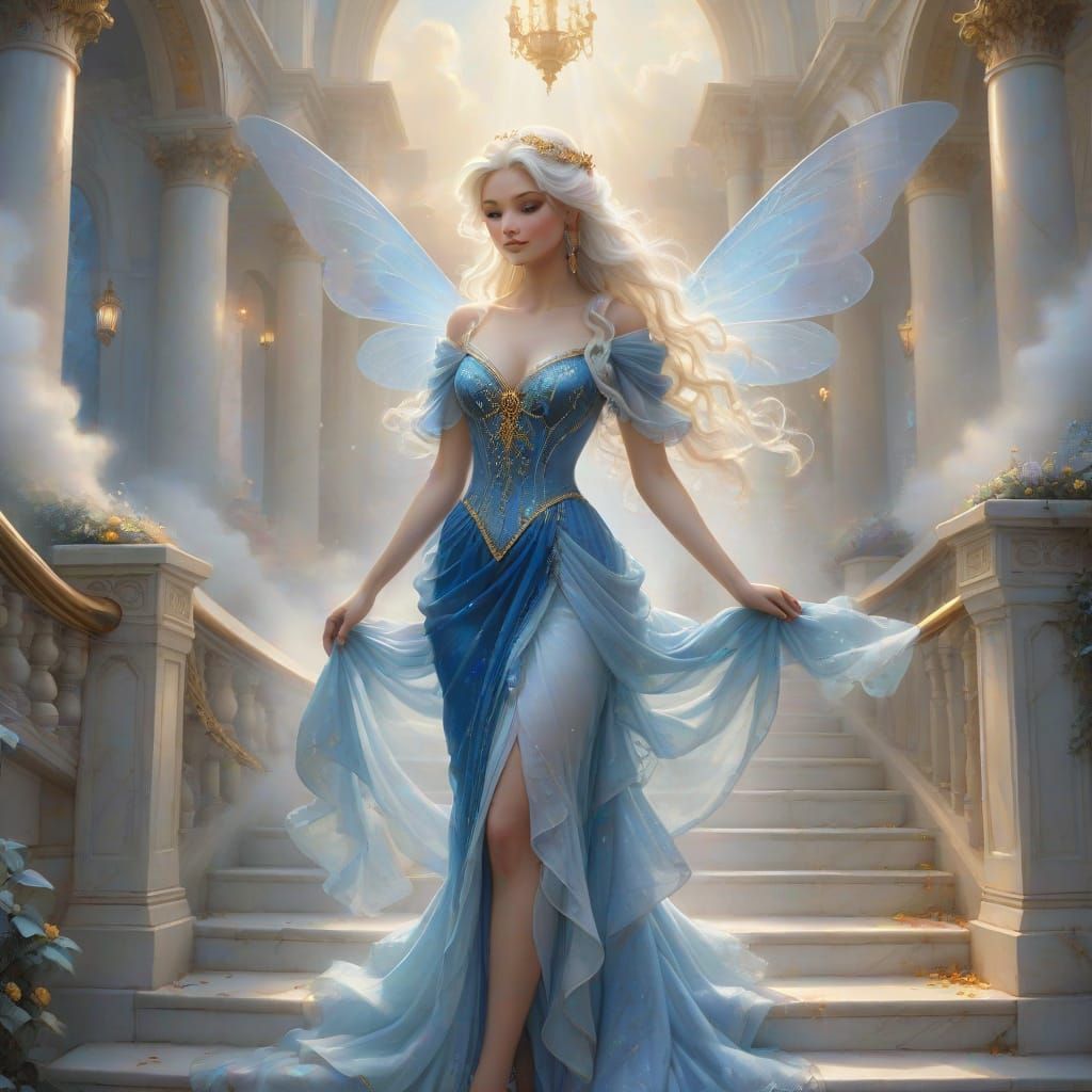 Elegant Fairy Descends Marble Staircase in Ethereal Light