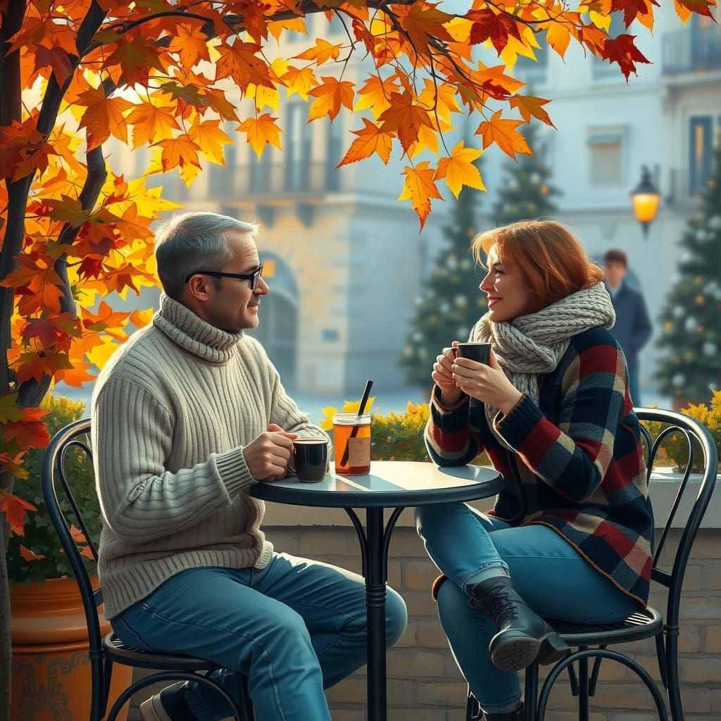 Autumn Cafe Scene in Impressionist Style