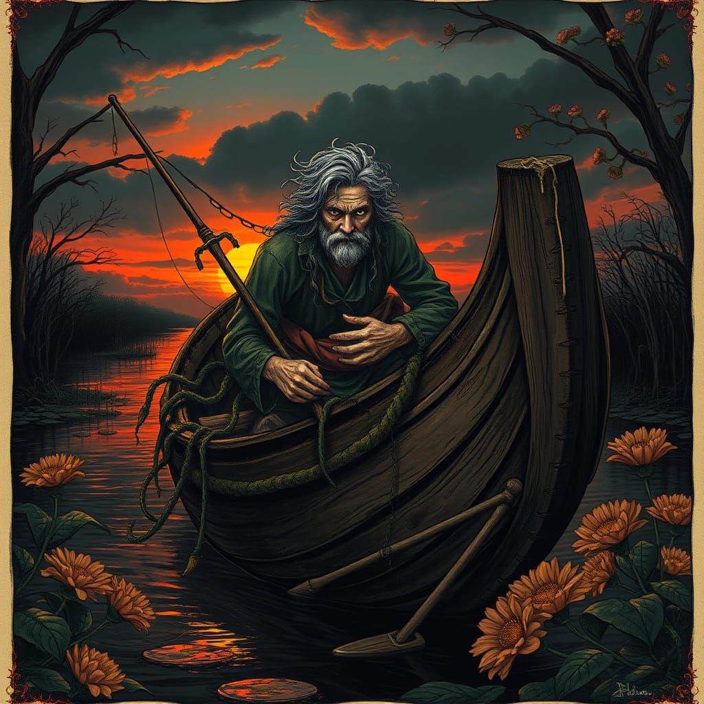 Fisherman on Decayed Boat at Sunset in Dark Fantasy Style