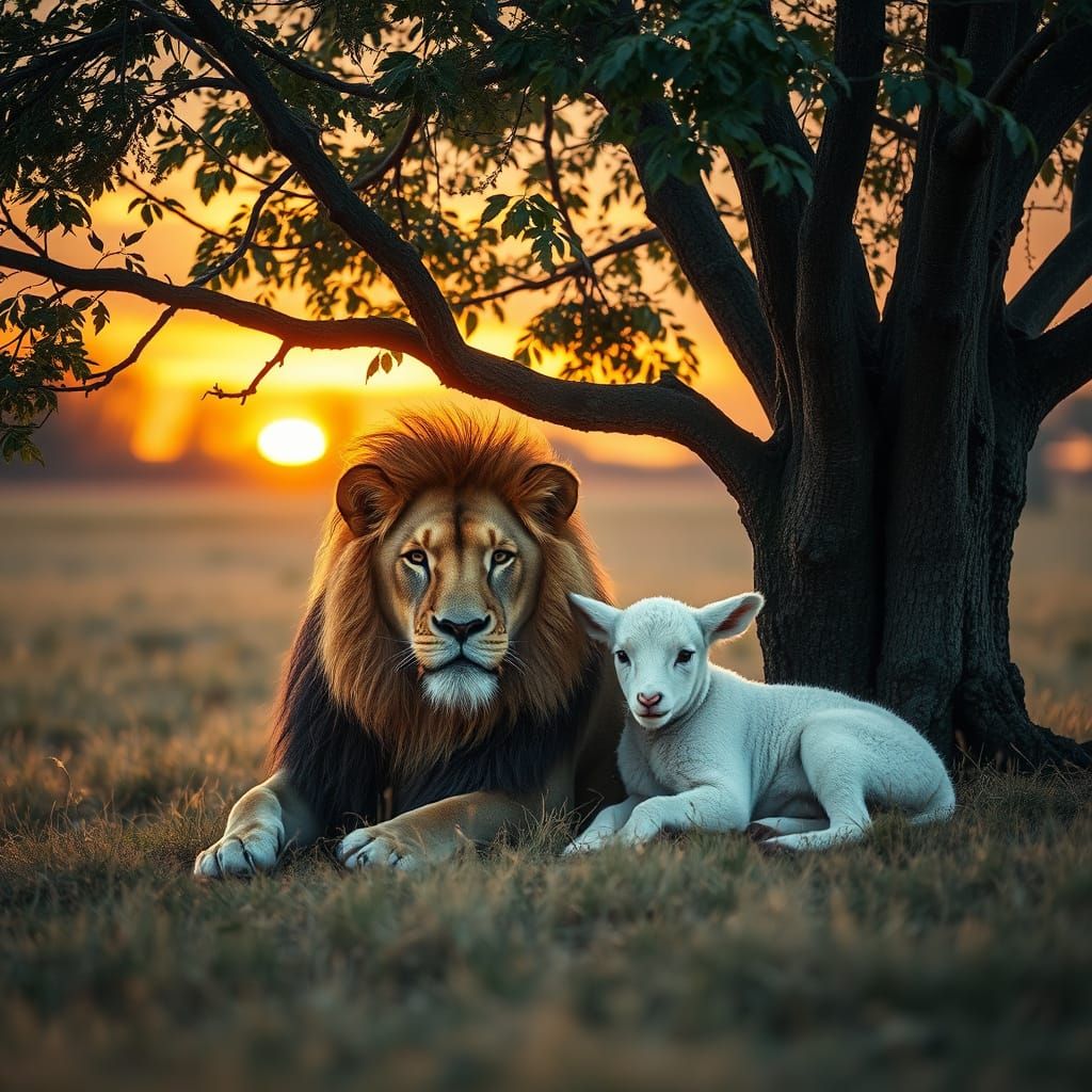 Lion and Lamb Rest Under Tree at Sunset, 8k Photo
