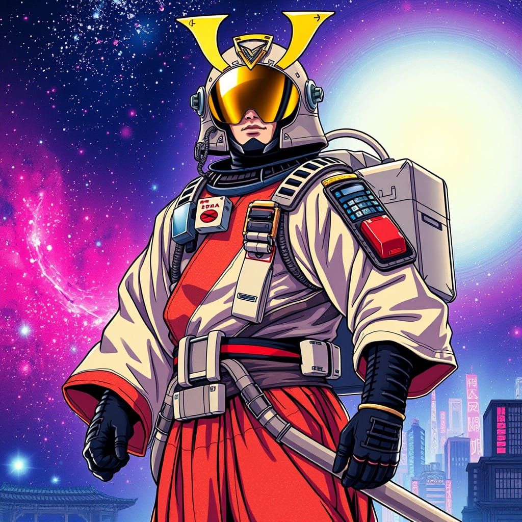 Heroic Samurai Astronauts in Vibrant Galaxy