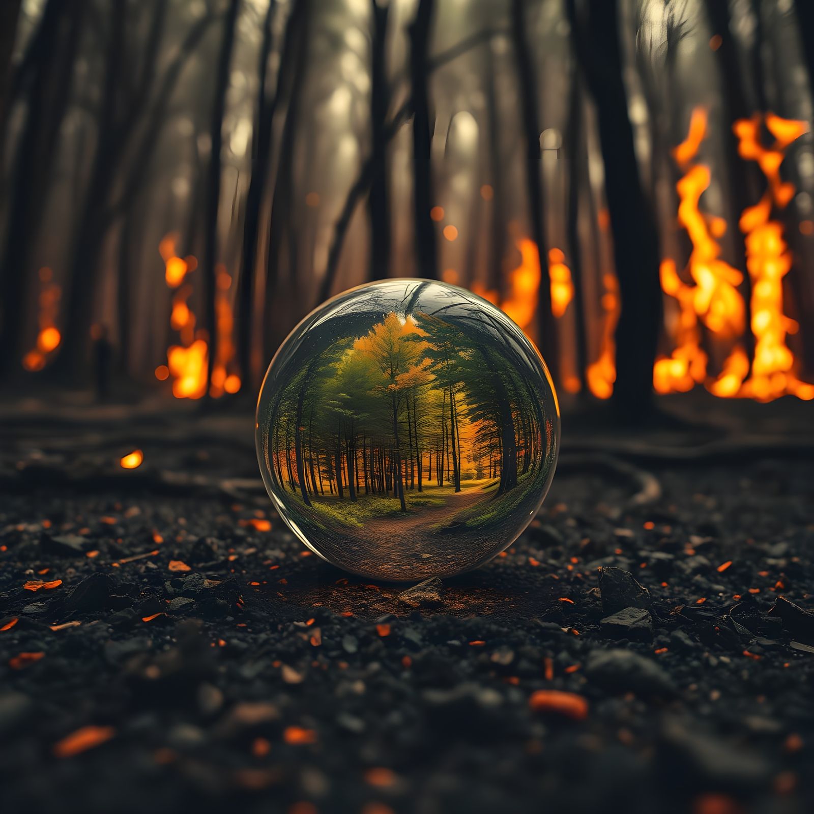 Burning Forest Double Exposure with Crystal Ball
