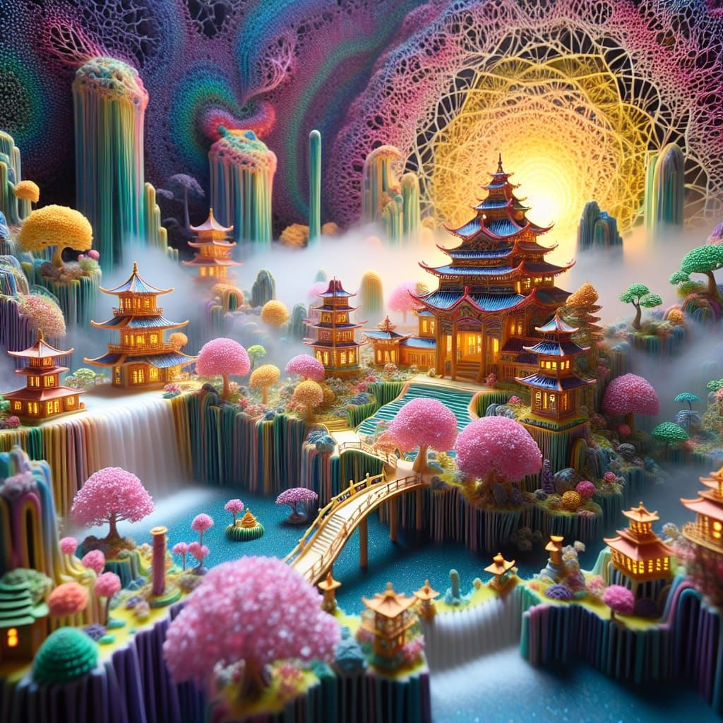 Surreal Fairy Village with Mycelium Network in 3D