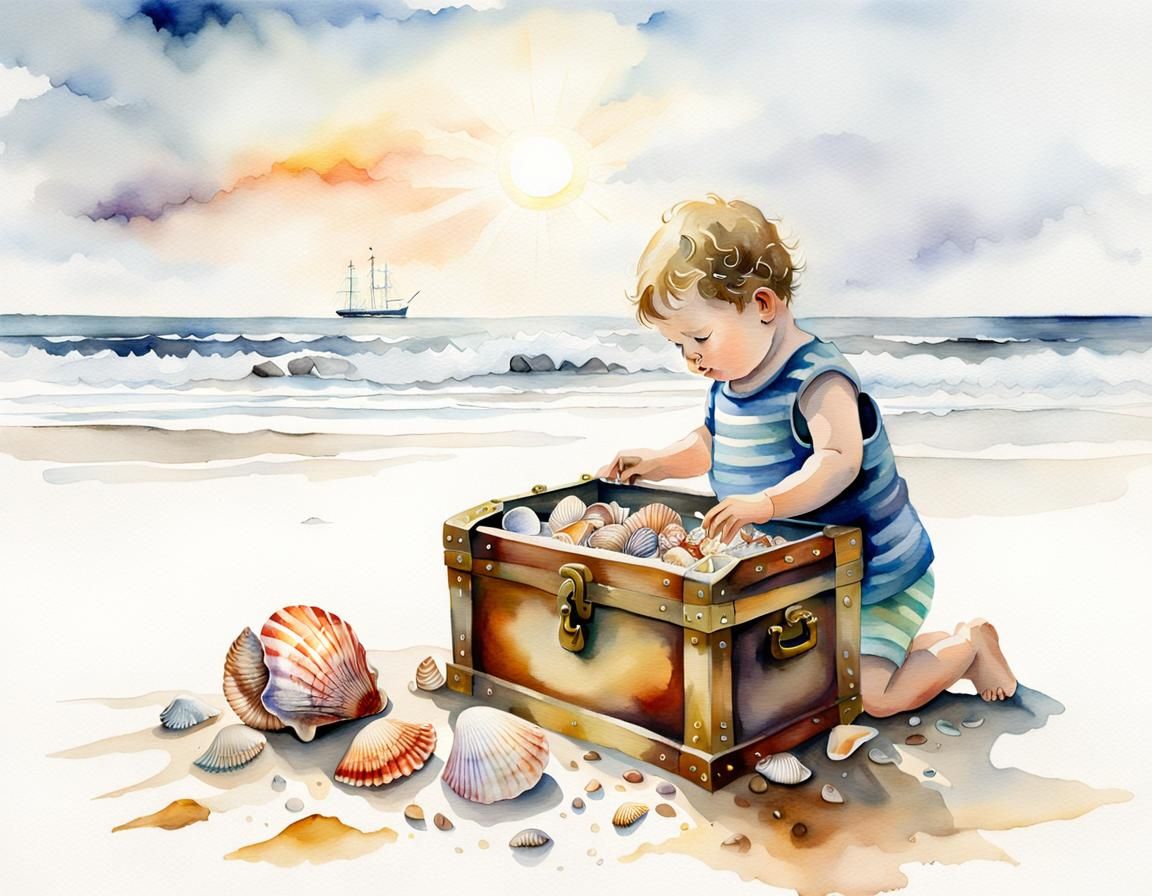 Toddler Finds Seashell Treasure: Watercolor Beach Scene