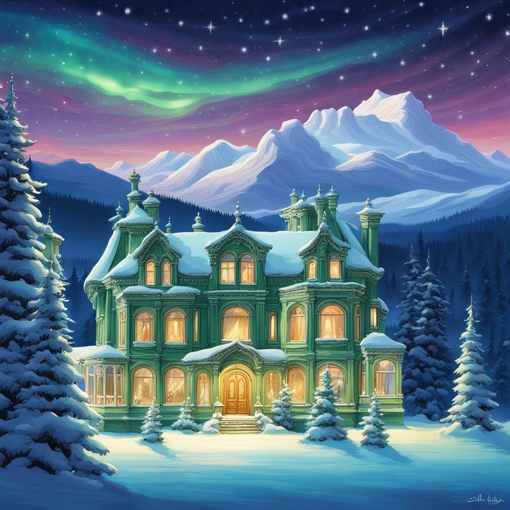 Opulent Mansion in Winter Wonderland: A Matte Painting
