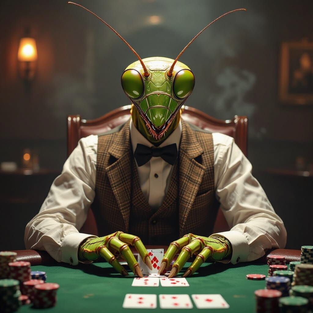Humanoid Mantis Plays Poker in Smoky Saloon