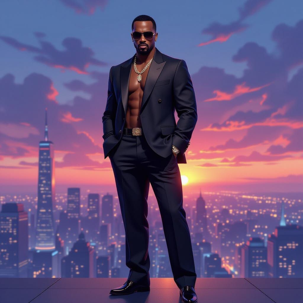 P Diddy in Futuristic Cityscape, Murakami & Syd Mead Style