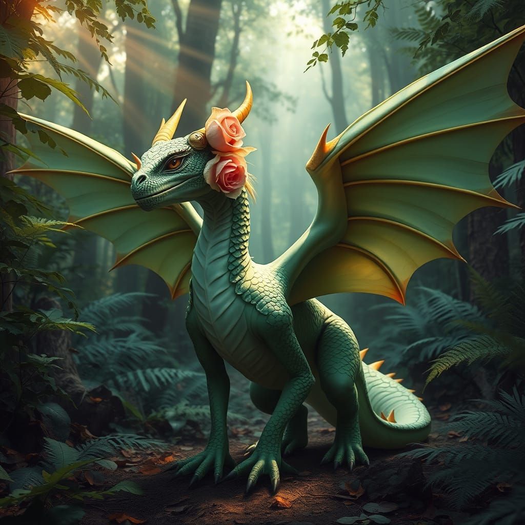 Majestic Leaf Dragon with Green Scales and Delicate Pink Acc...