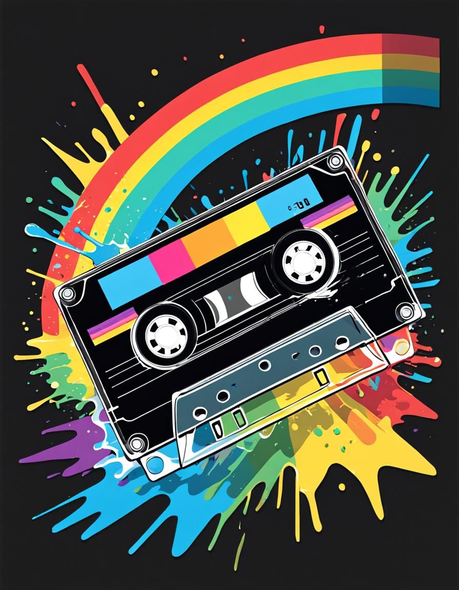 Retro Cassette Tape with Rainbow in Pop Art Style