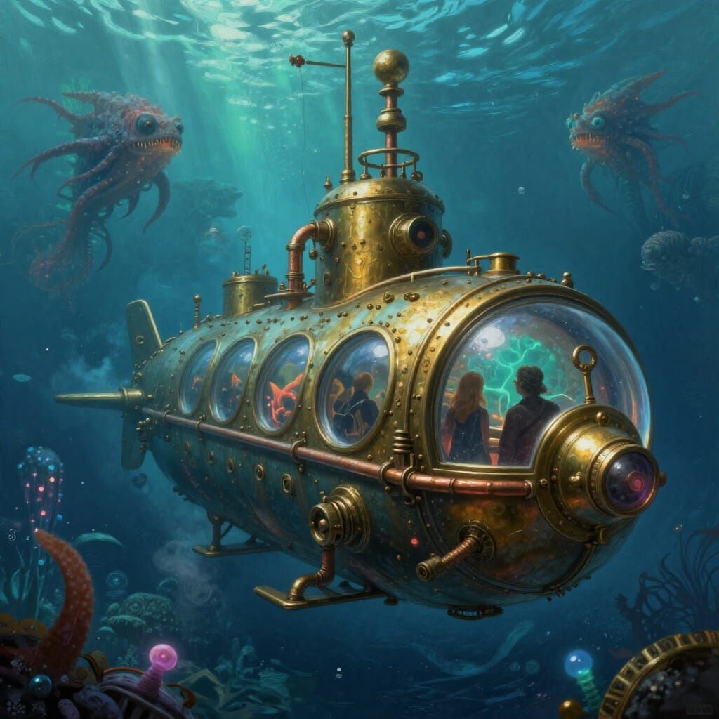 Steampunk Submarine Explores Bioluminescent Ocean Depths