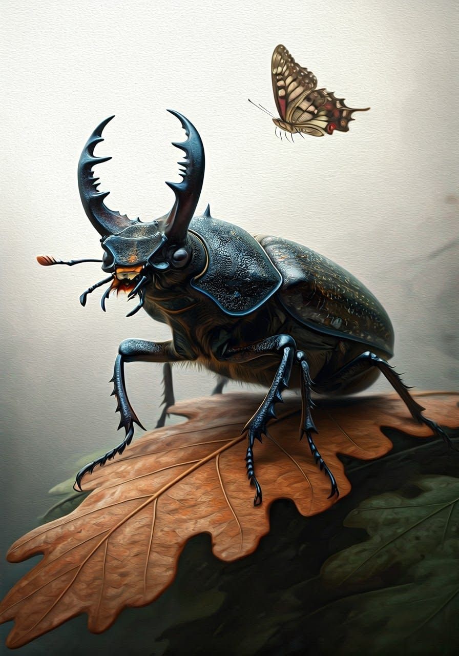 Ancient Woodcutter Beetle Confronts Iridescent Butterfly in ...