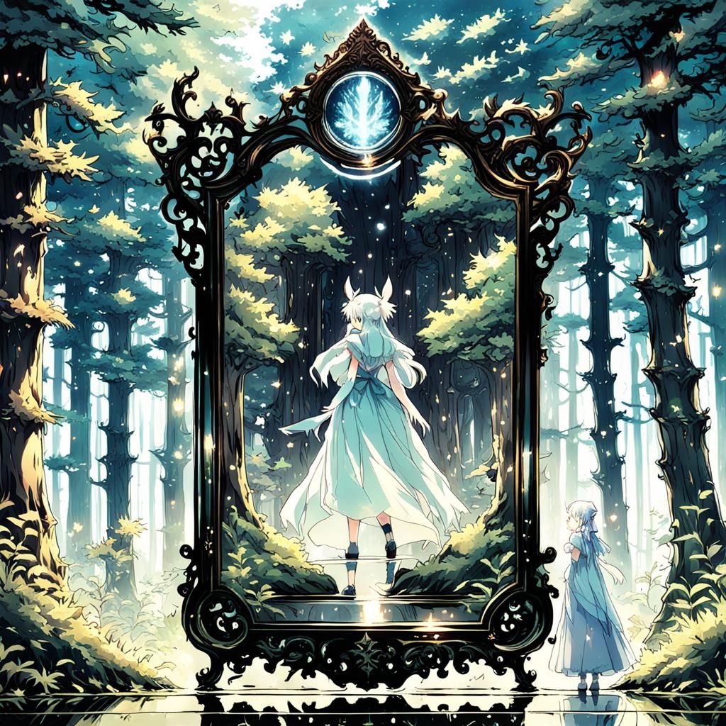 Whimsical Creature and Reflection in Glowing Forest