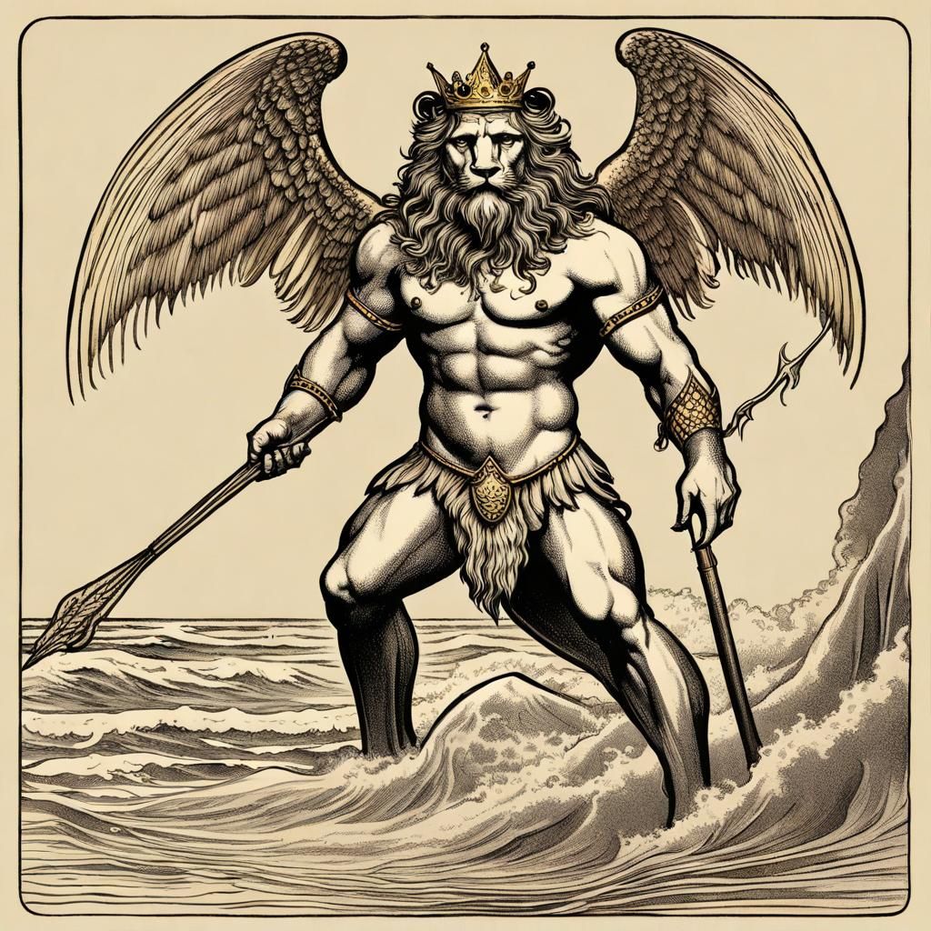 Winged Lion and Merman Beach Conversation