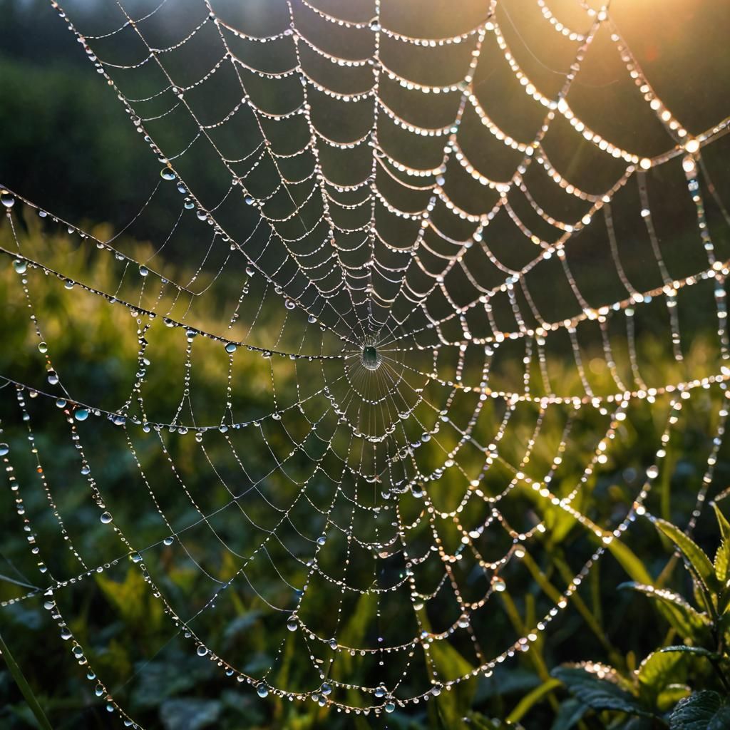 Iridescent Dewdrops on Spiderweb in Macro Photography