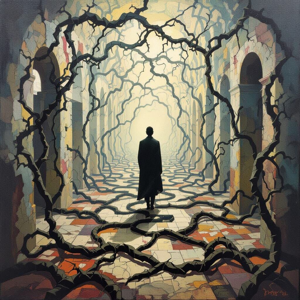 Surrealist Figure Lost in Tangled Labyrinth Oil Painting