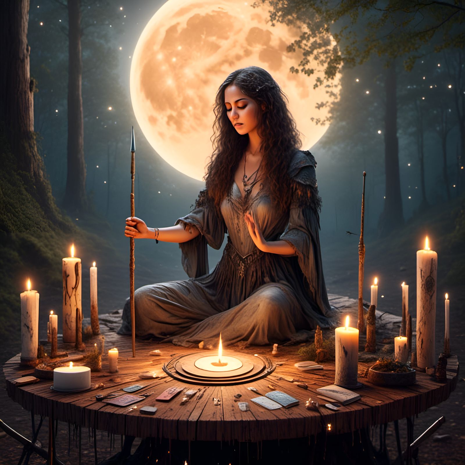 Mystical Moonlit Worship in Forest Setting