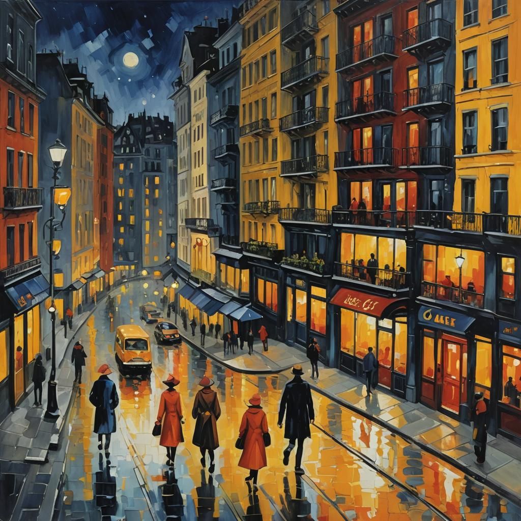 City at Night in Expressionist Impressionist Style
