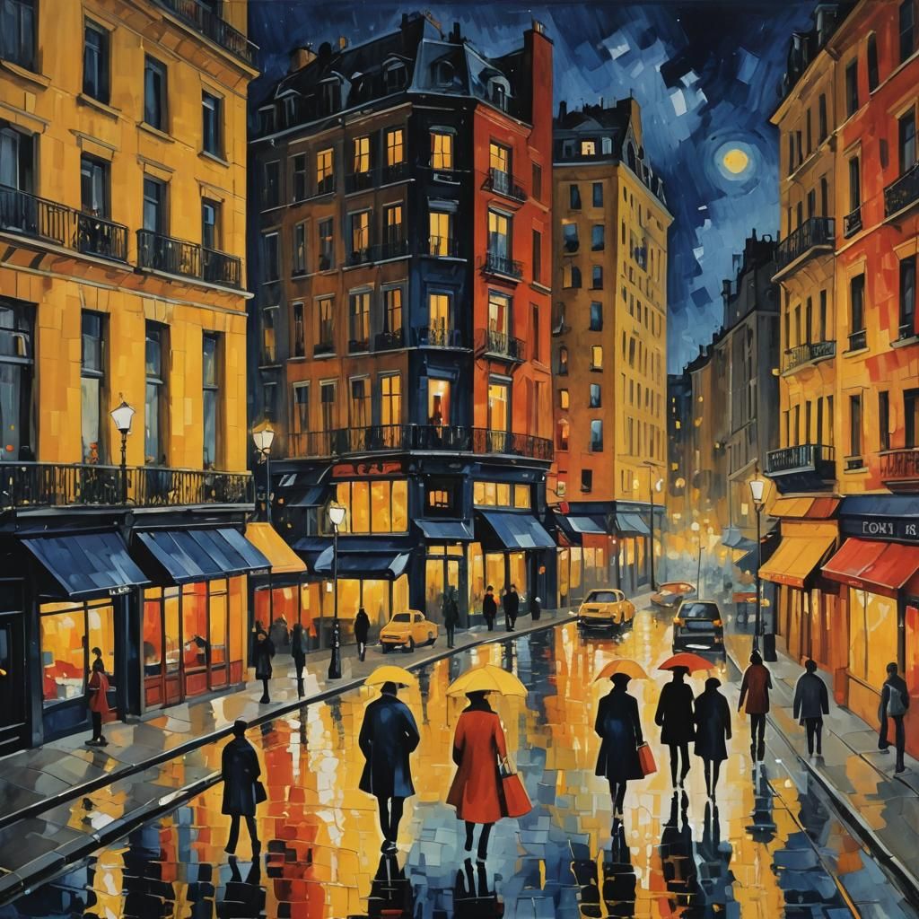 City at Night in Expressionist Impressionist Style