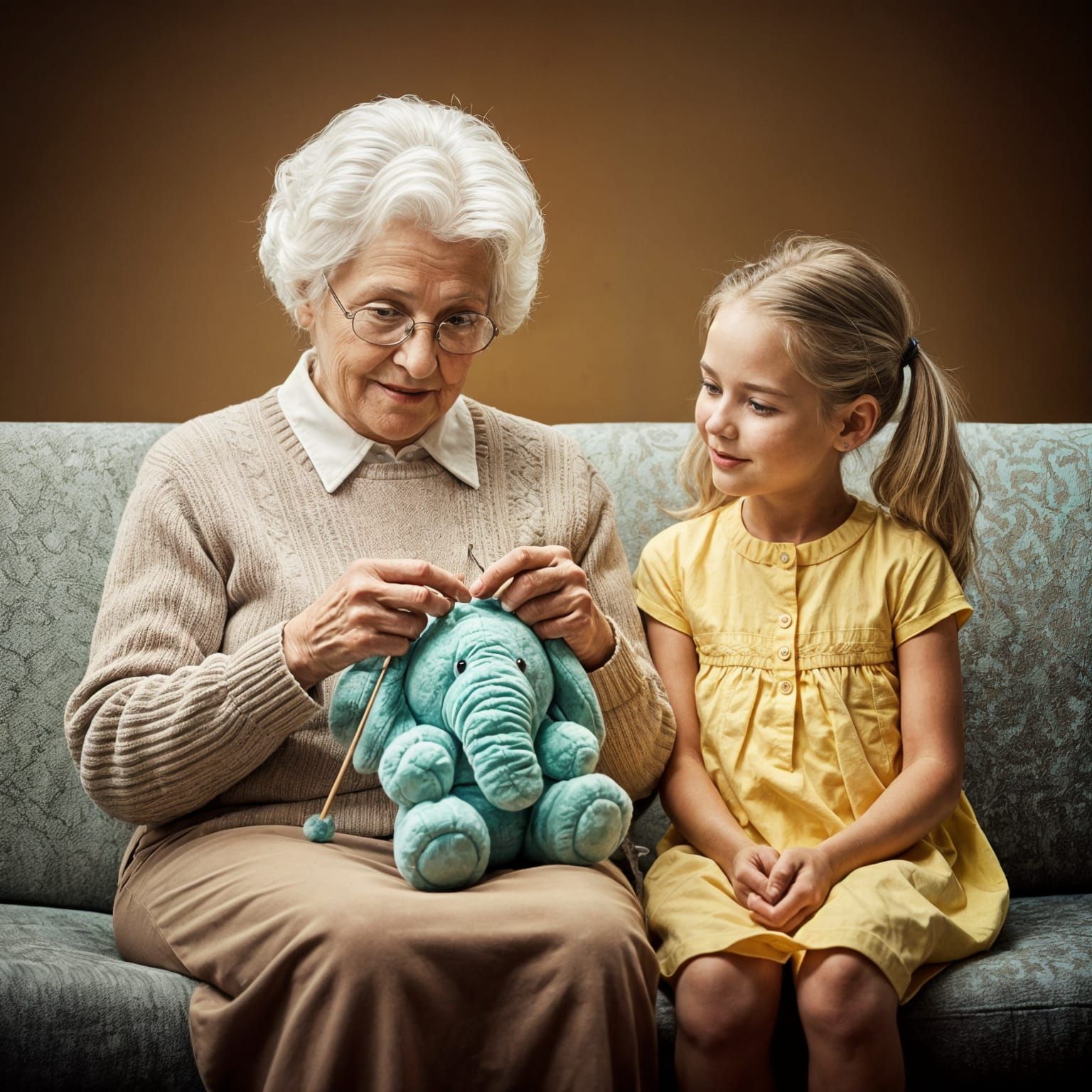 Grandmother Knitting Elephant Toy for Granddaughter