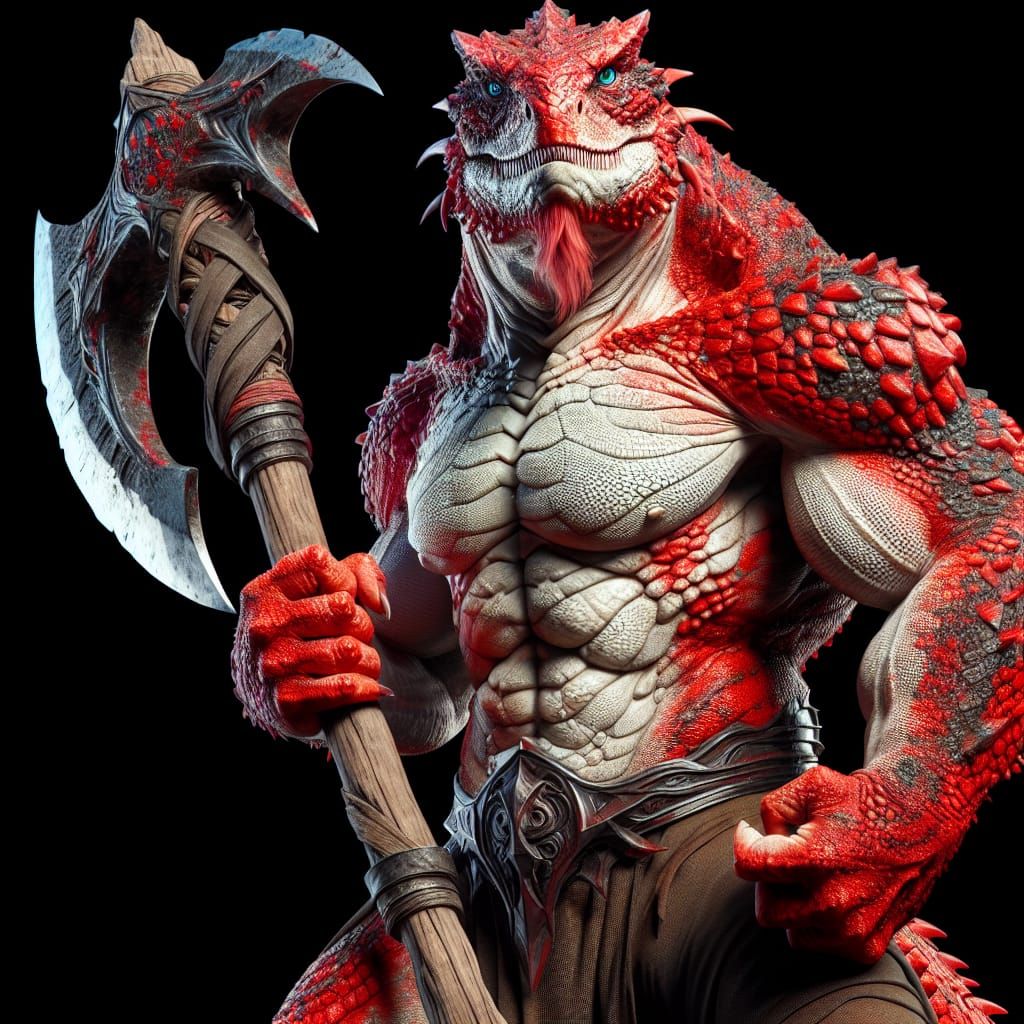 Fearsome Red-Scaled Lizard-Man Barbarian with Battle Axe