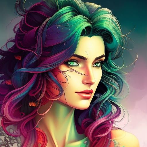 Beautiful Girl Portrait with Green Hair in Borderlands Style