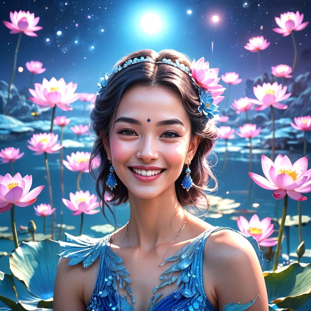 Blue Lake and Lotus with Moon in Fantasy Art