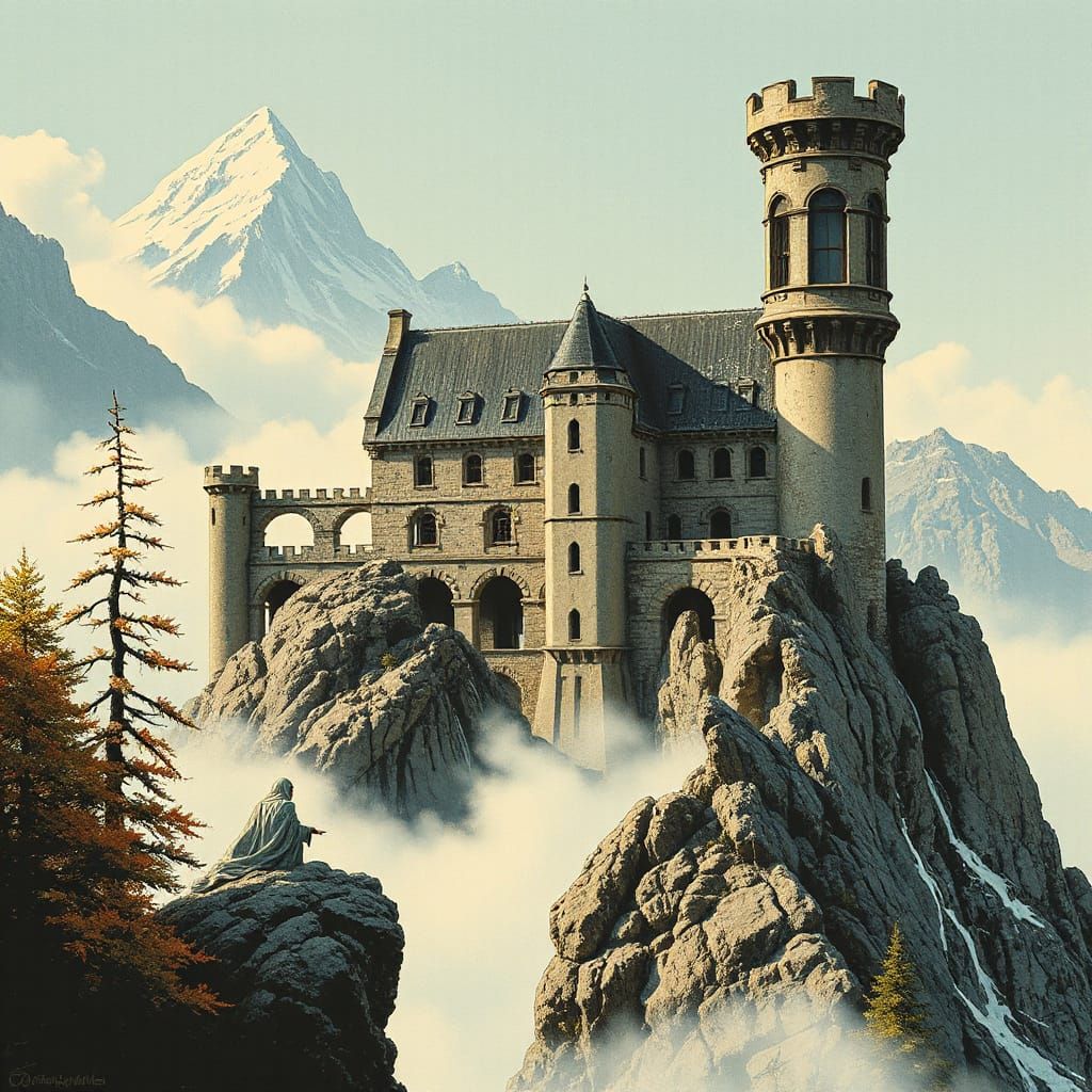 Ethereal Castle Atop Misty Mountain Peak