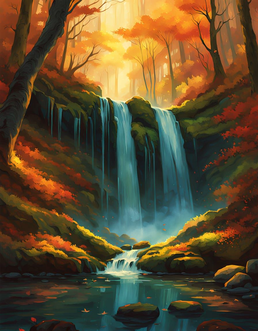 Magical Autumn Waterfall in Golden Hour Light