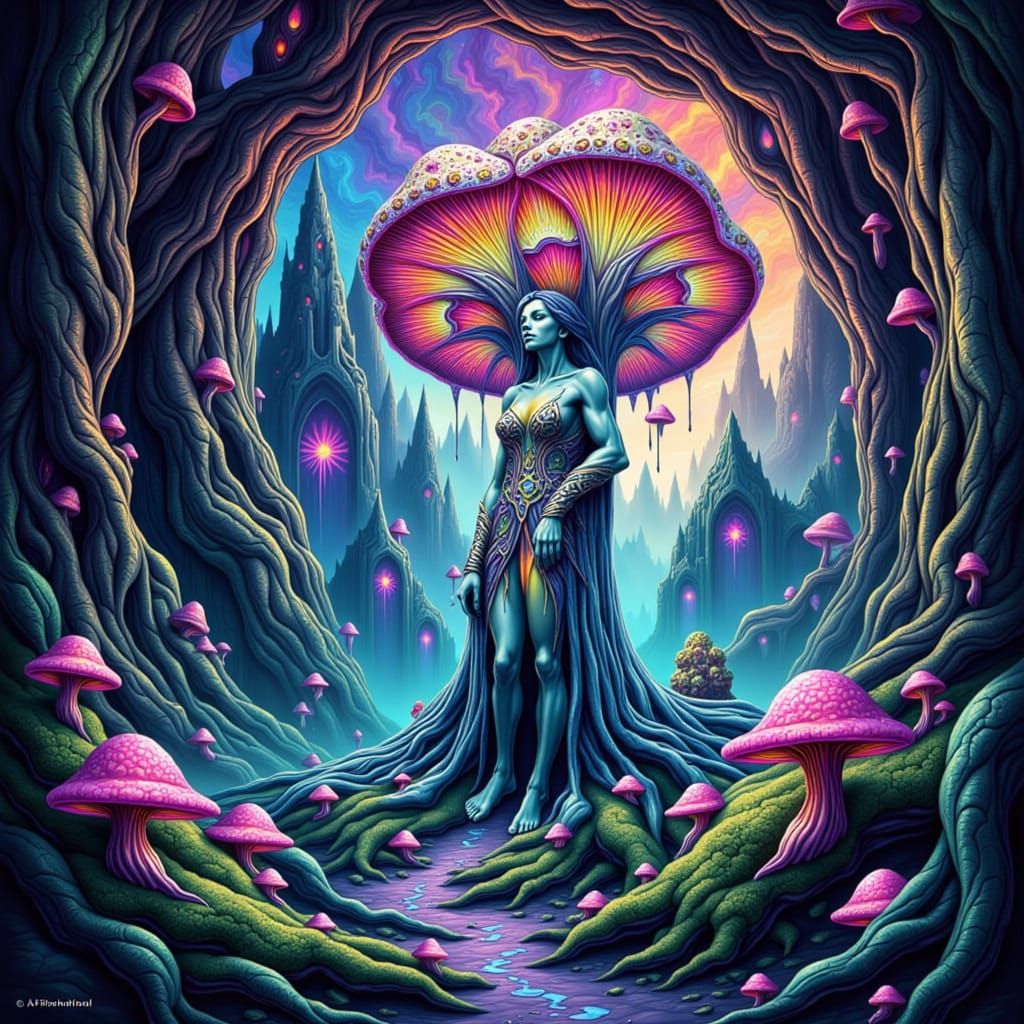 Ethereal Mother of Shrooms in a Kaleidoscopic Fantasy Castle
