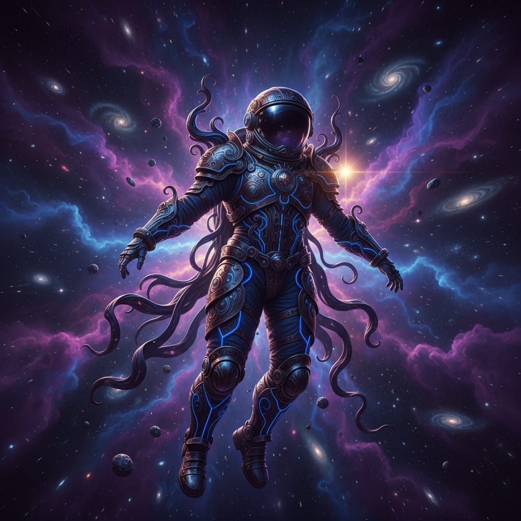 Astronaut in Ornate Spacesuit Amidst Cosmic Nebulae