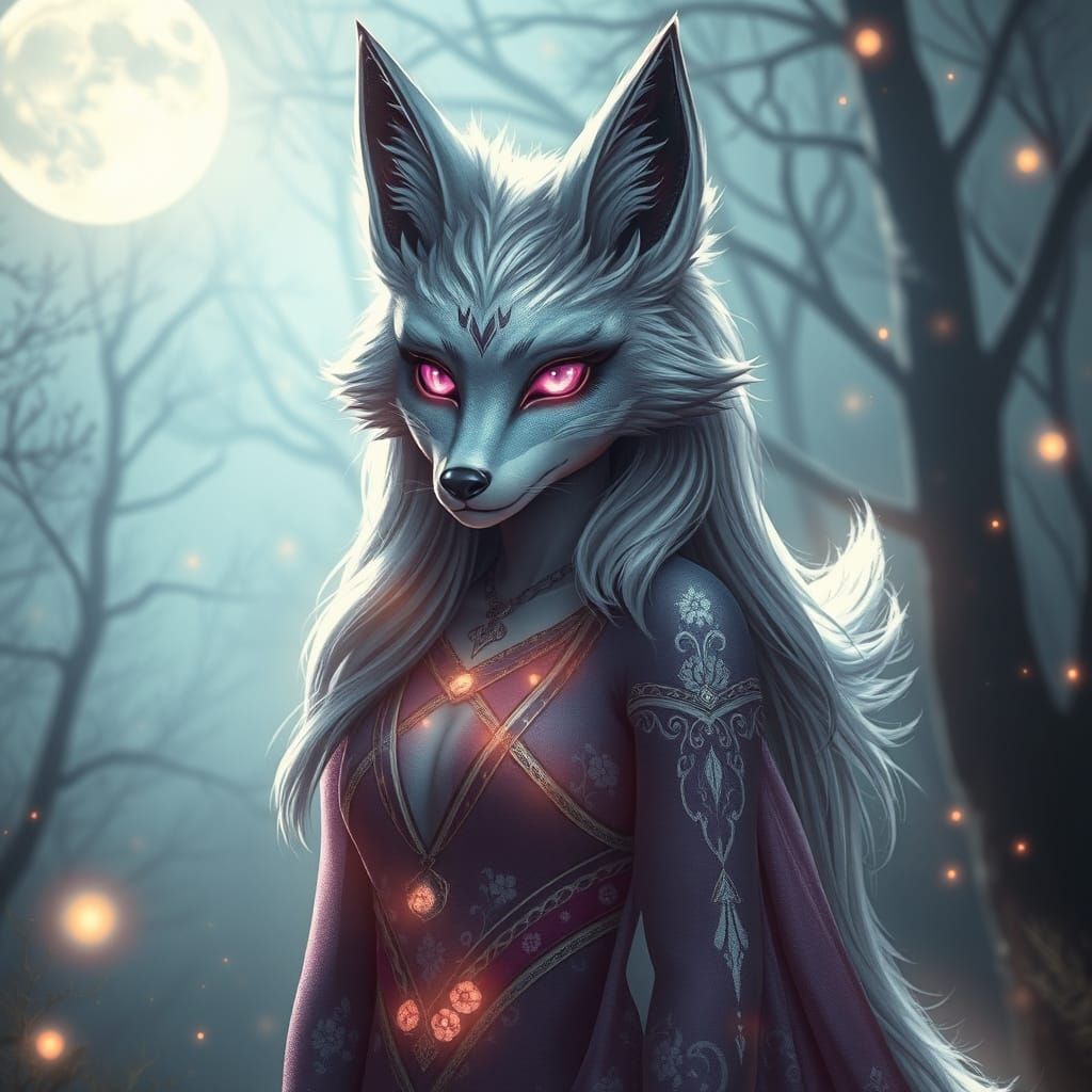 Silver Fox Woman in Moonlit Mystical Forest