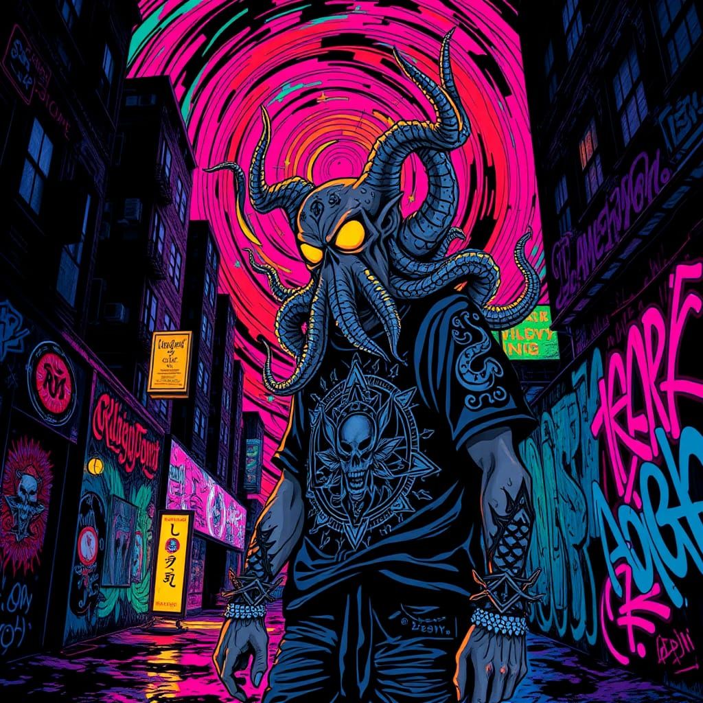 Kalevala Street Art: Psychedelic Eldritch Figure in Neon