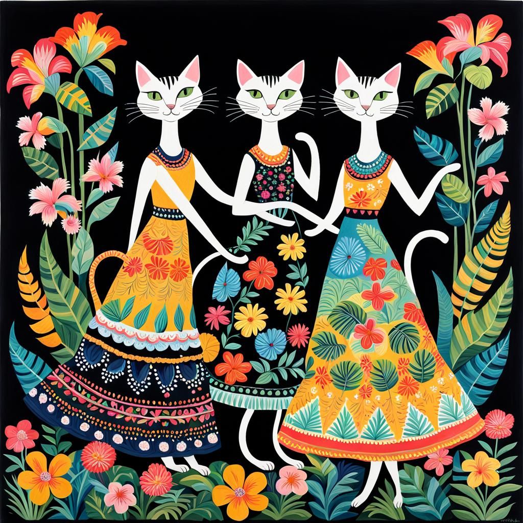Naive Art: Dancing Cats in Tropical Setting