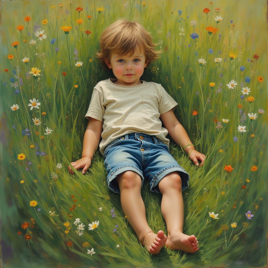 Boy Relaxing in Wildflowers on Summer Meadow