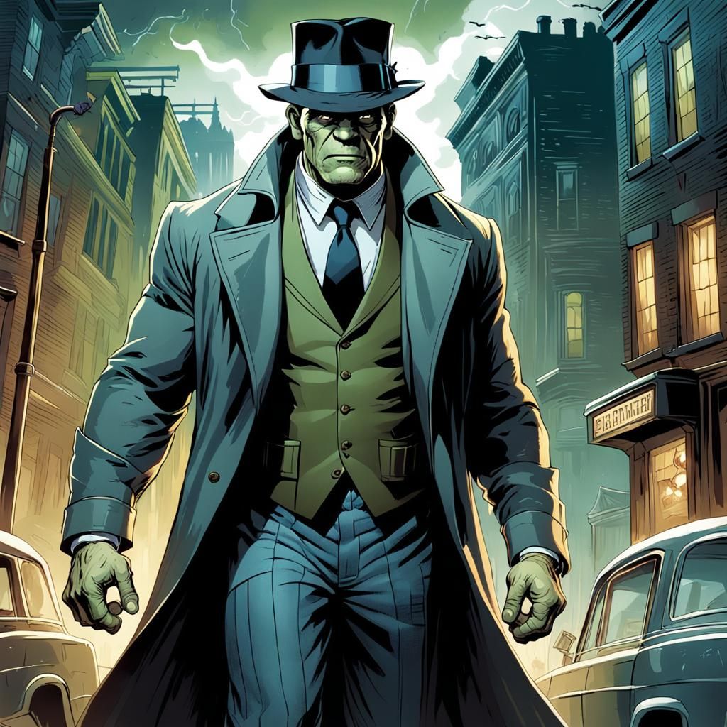 Muscular Frankenstein Detective in Comic Book Art